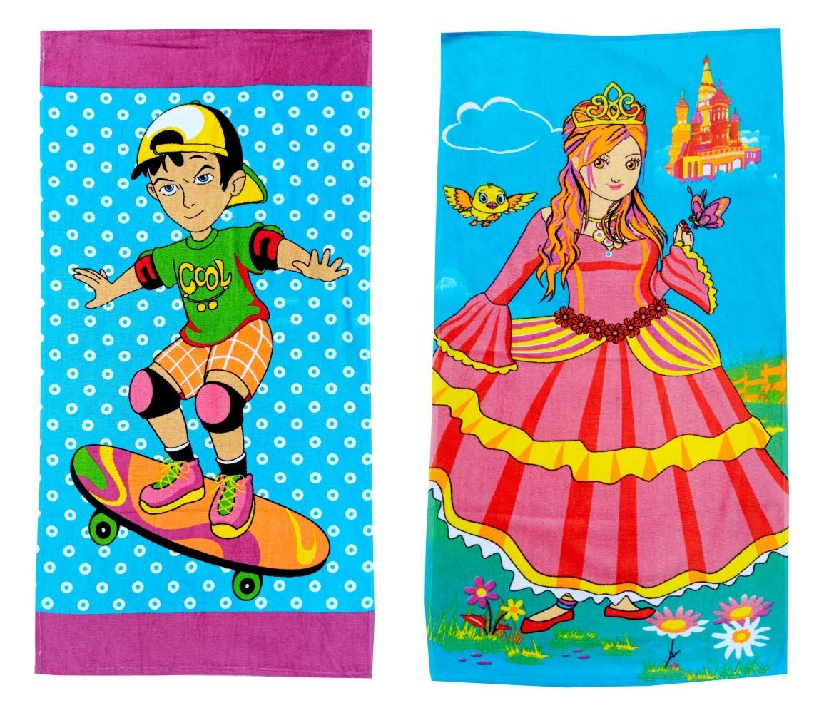 Mandhania Cotton Cartoon Printed Kids Bath Towel for Boys N Girls Pack of 2