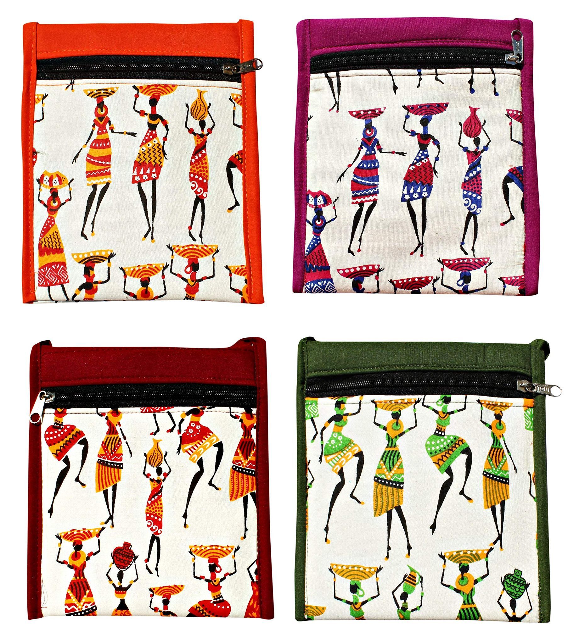 Mandhania Warli Printed Cotton Sling Bags for Womens Pack of 4 Multicolor