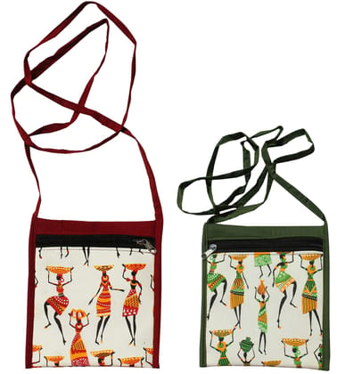 Mandhania Warli Printed Cotton Sling Bags for Womens Pack of 2 Multicolor