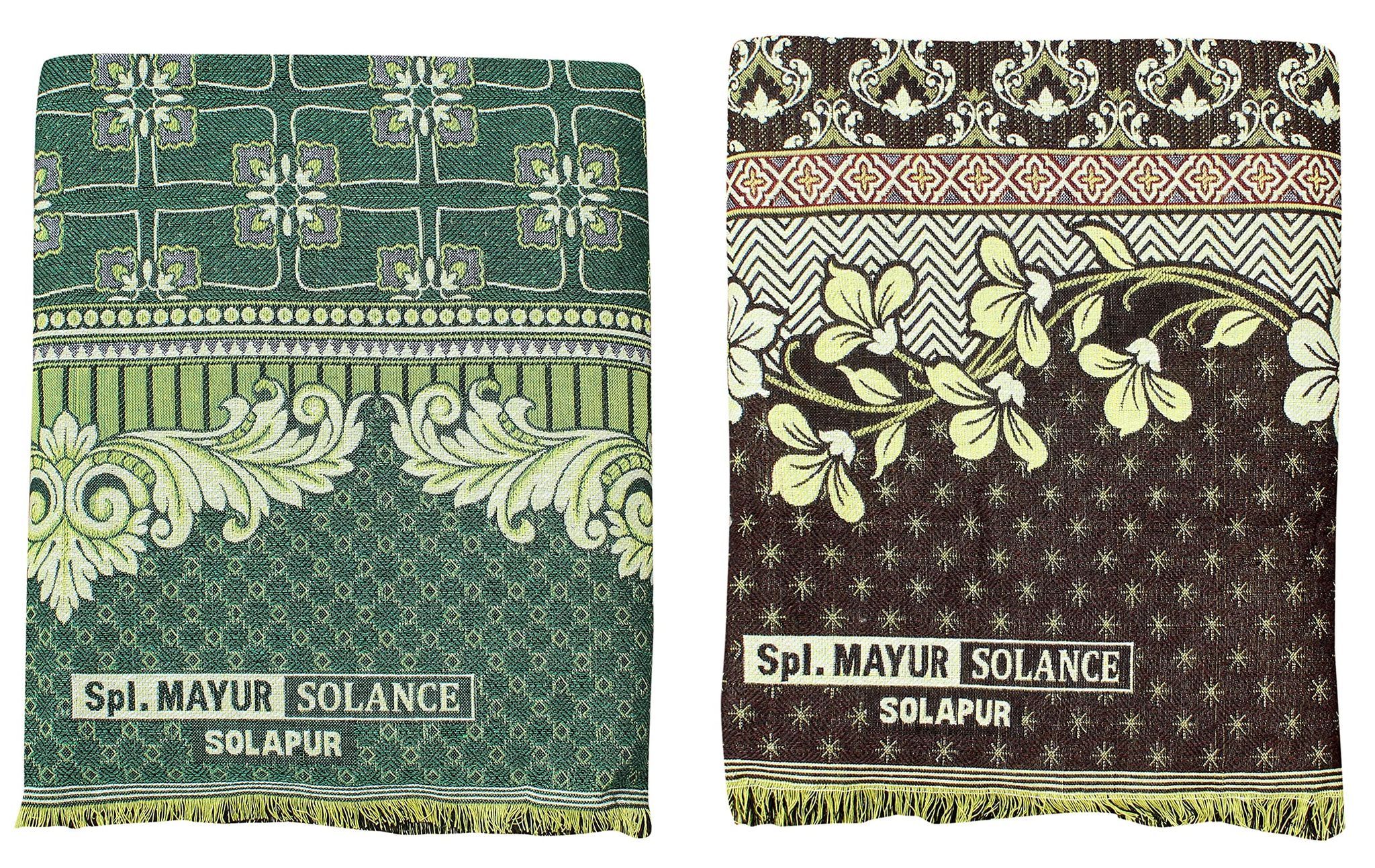 Solance Cotton Mayur Pankh Solapuri Chaddar (Green, Dark Brown, Extra Large Double) - Pack of 2