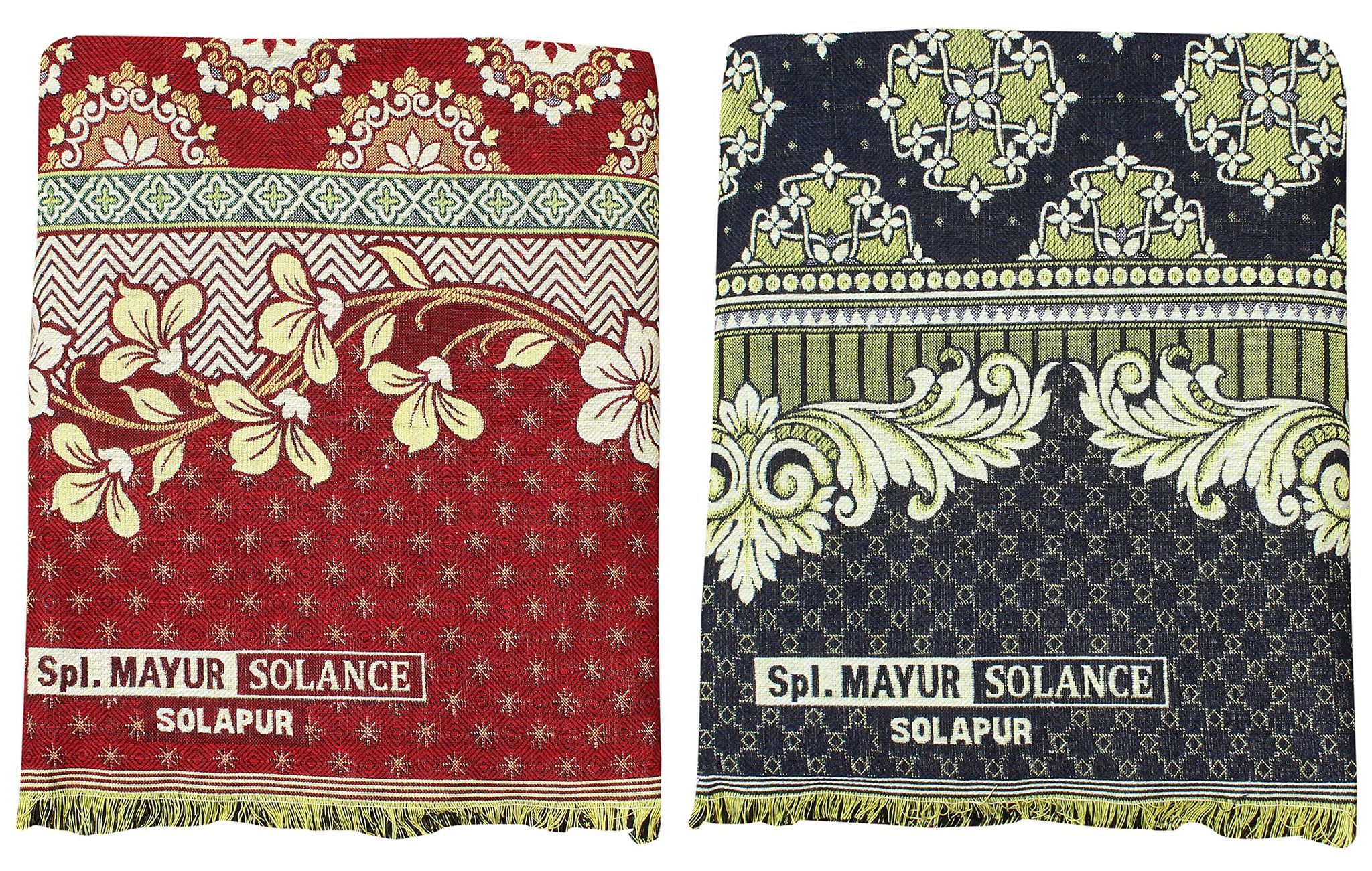 Solance Cotton Mayur Pankh Solapuri Chaddar (Red, Dark Blue, Extra Large Double) - Pack of 2