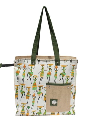 Mandhania Warli Printed Indian Tribal Art Cotton & Jute Women's Shoulder Bag Green