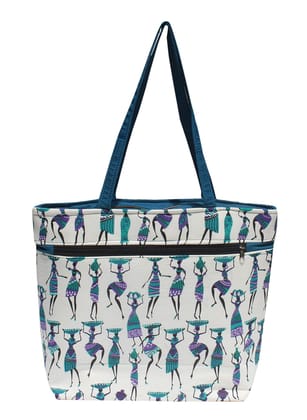 Mandhania Warli Printed Indian Tribal Art Women's Tote, Shoulder Bag Peacock Blue