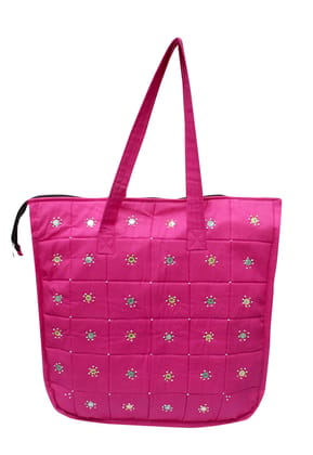 Mandhania Eco Friendly Cotton Mirror Handwork Bag for Women Pink