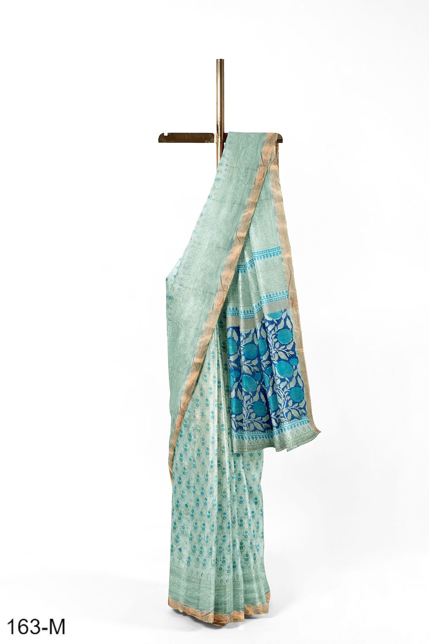 Light Blue Hand Block Printed Maheshwari Saree