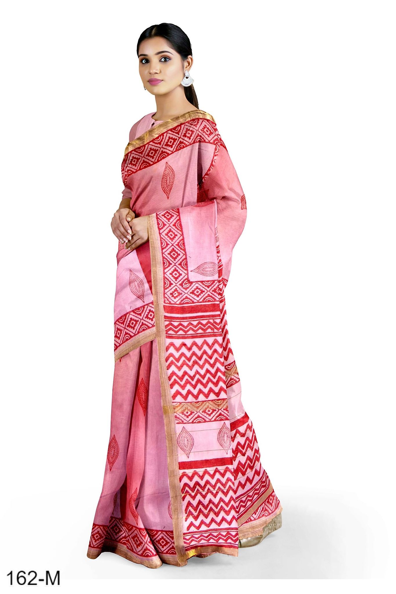 Pink Hand Block Printed Maheshwari Saree