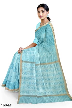 Light Blue Hand Block Printed Maheshwari Saree