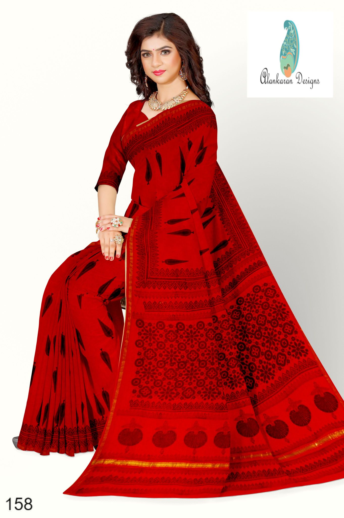 Red Hand Block Printed  Chanderi Saree