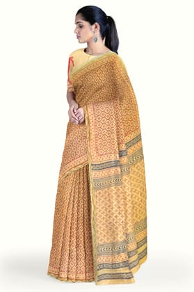 Yellow Hand Block Printed Maheshwari Saree