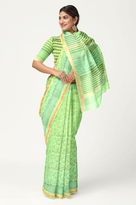 Light Green Hand Block Printed Maheshwari Saree