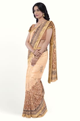 Peach Hand Block Printed Maheshwari Saree