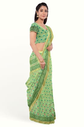 Light Green Hand Block Printed Maheshwari Saree