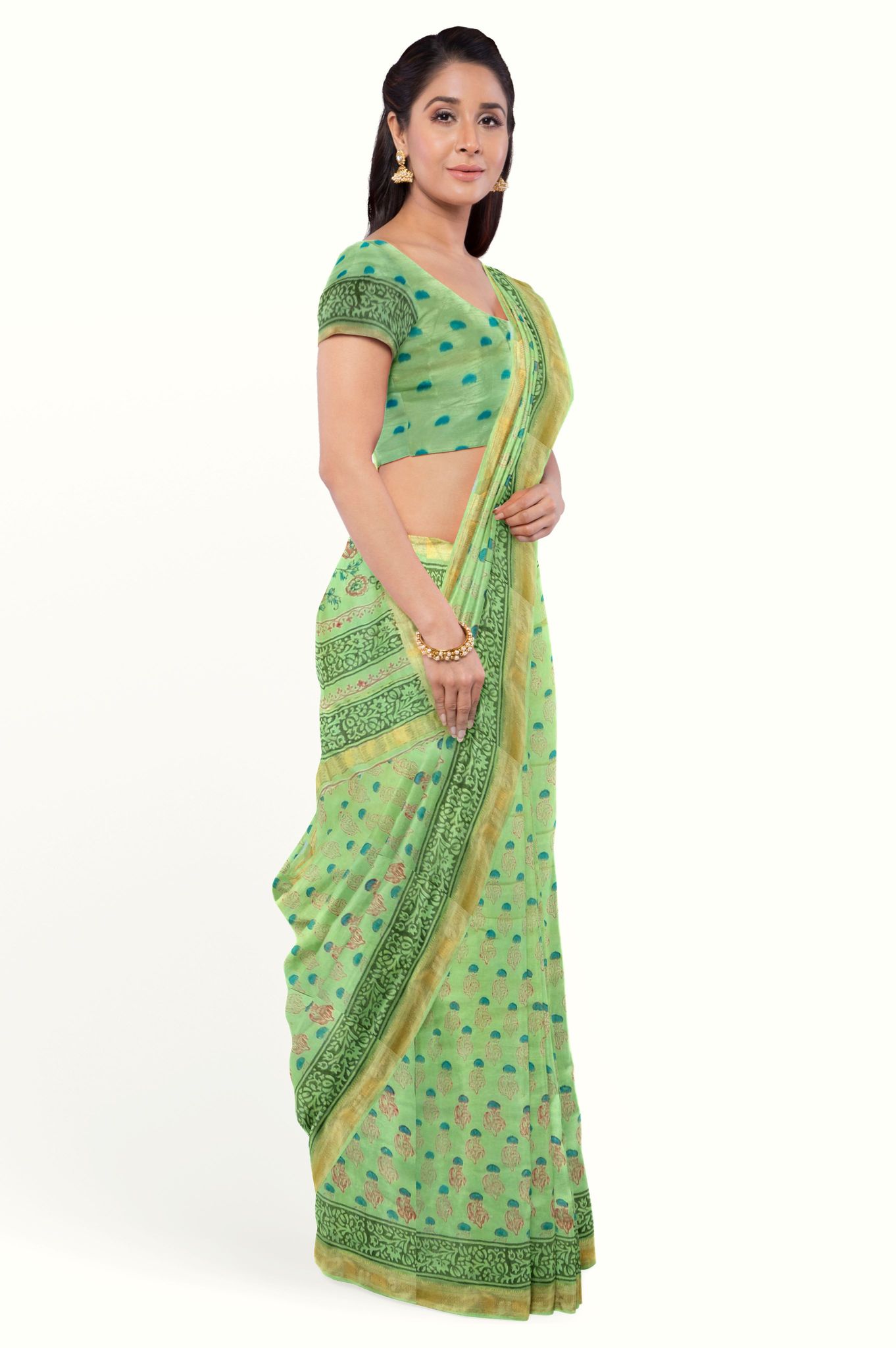 Light Green Hand Block Printed Maheshwari Saree