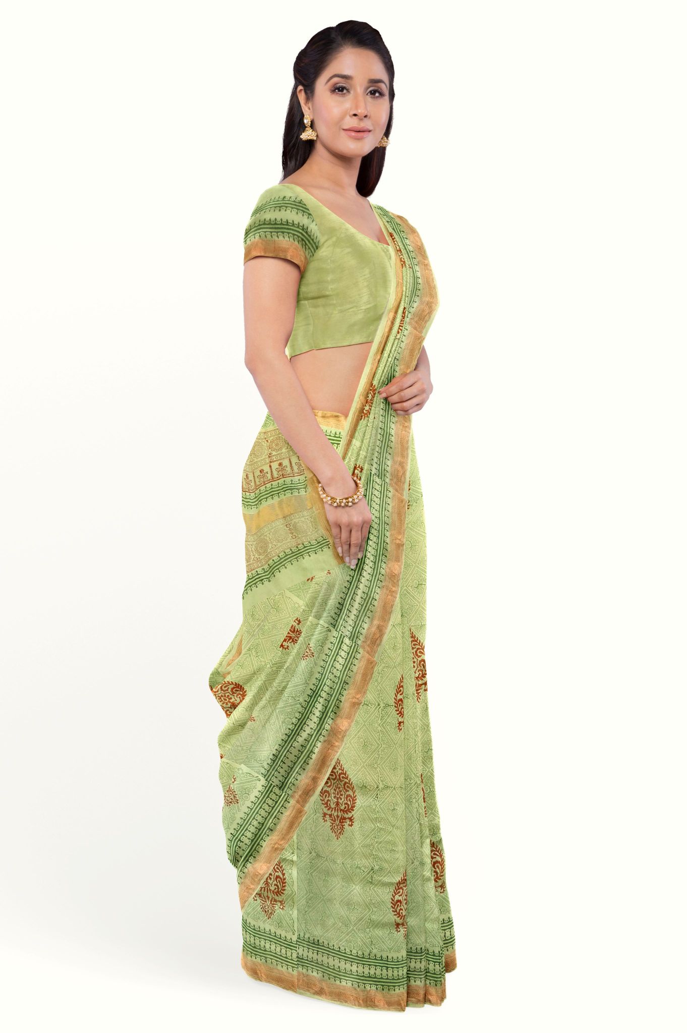 Light Green Hand Block Printed Maheshwari Saree