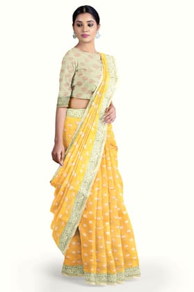 Yellow Hand Block Printed Maheshwari Saree