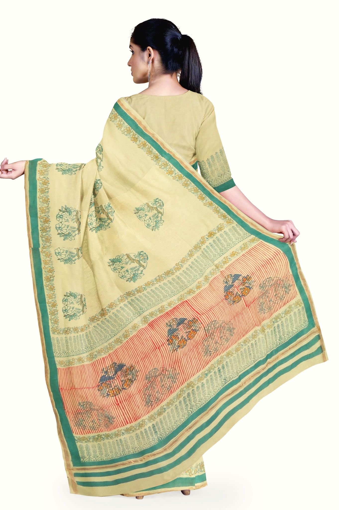 Light Yellow Hand Block Printed Maheshwari Saree