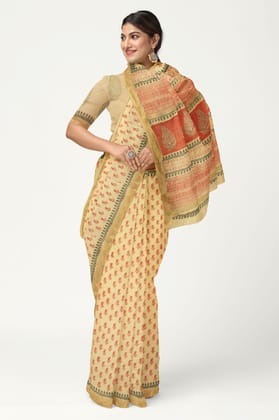 Yellow Hand Block Printed Chanderi Saree