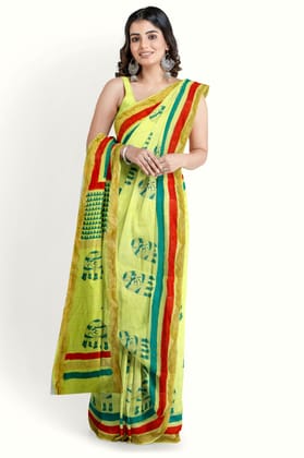 Light Green Hand Block Printed Maheshwari Saree