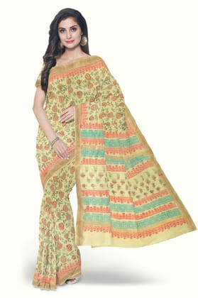 Yellow Hand Block Printed Chanderi Saree