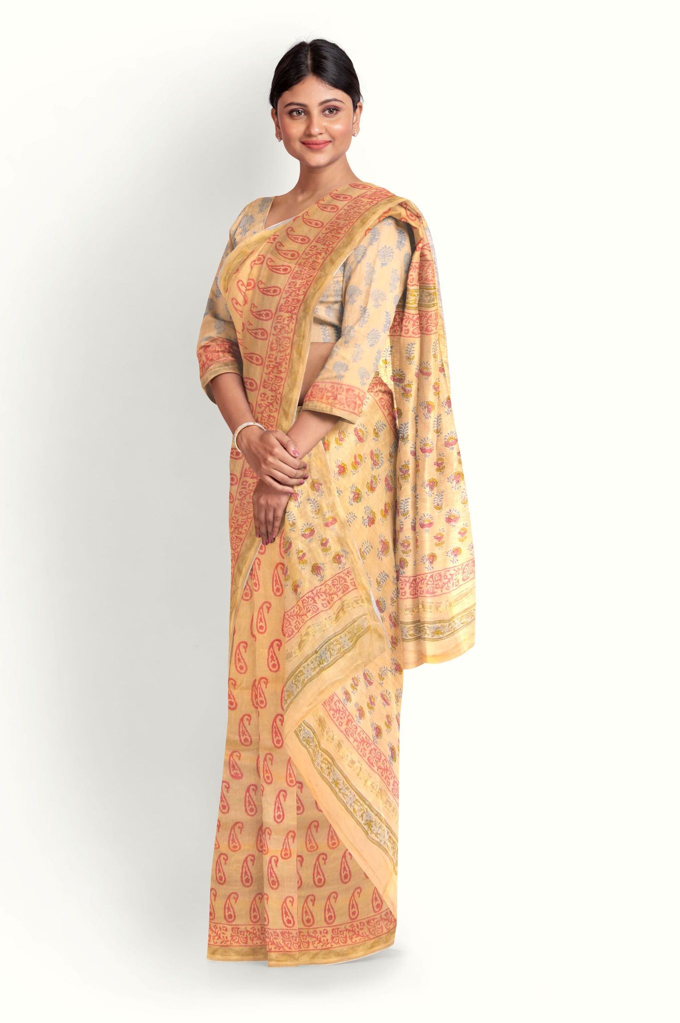 Peach Hand Block Printed Chanderi Saree