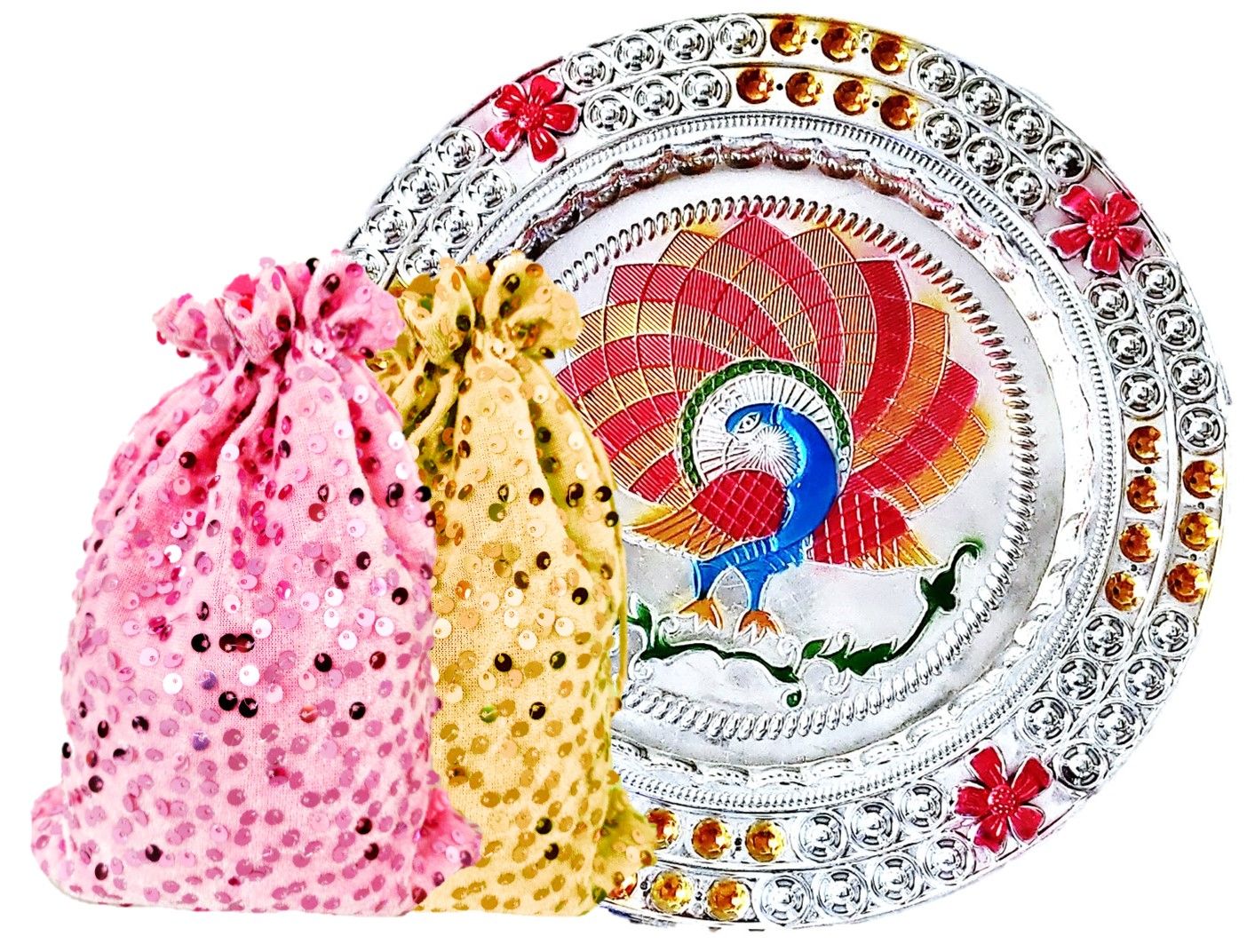 Omkar by R3 Inc. Multicolor Silver Gift Plate with Shagun Potli for Gifts Hampers | Fancy Hamper| Wedding Basket / Pouch for gift Packing (Pack of 3)