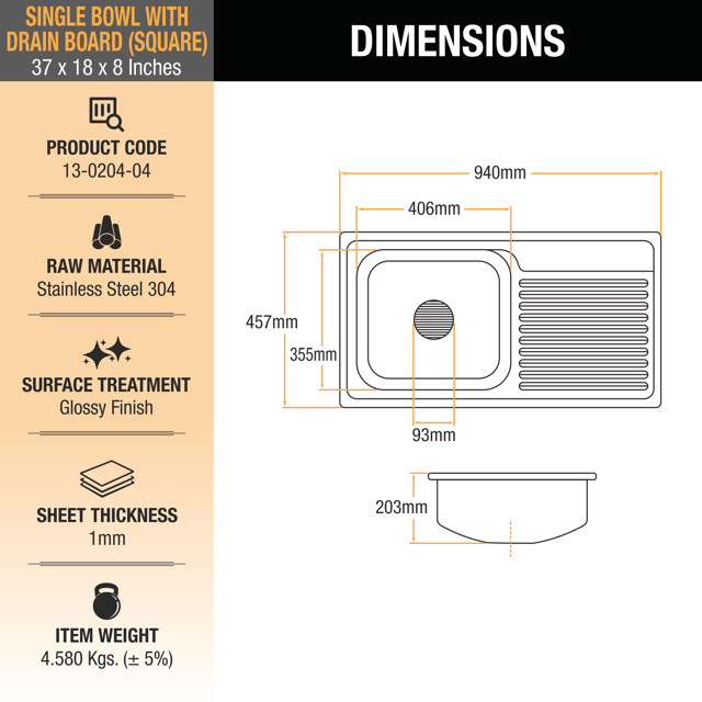Square Single Bowl (37 x 18 x 8 Inches) Premium Stainless Steel Kitche –  Ruhe