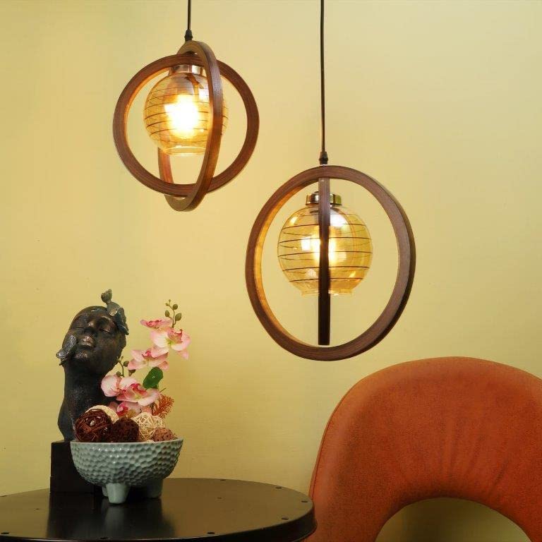 Eliante Wood Hanging Ligh Brown Base Gold White Shade Hanging Light for Living Room, Bedroom, Dining Room, Kitchen