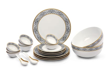 Hitkari Porcelain Verona Dinner Set 33 Pcs.|Modern & Trendy Design |Designed in India|for Home & Kitchen White, Large (Dinner Set)