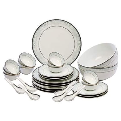 Hitkari Porcelain 15205 Dinner Set 33 Pcs.|Dinner Set for 6|Material: Porcelain|Luxury Dinnerware |for Home & Kitchen|White, Large