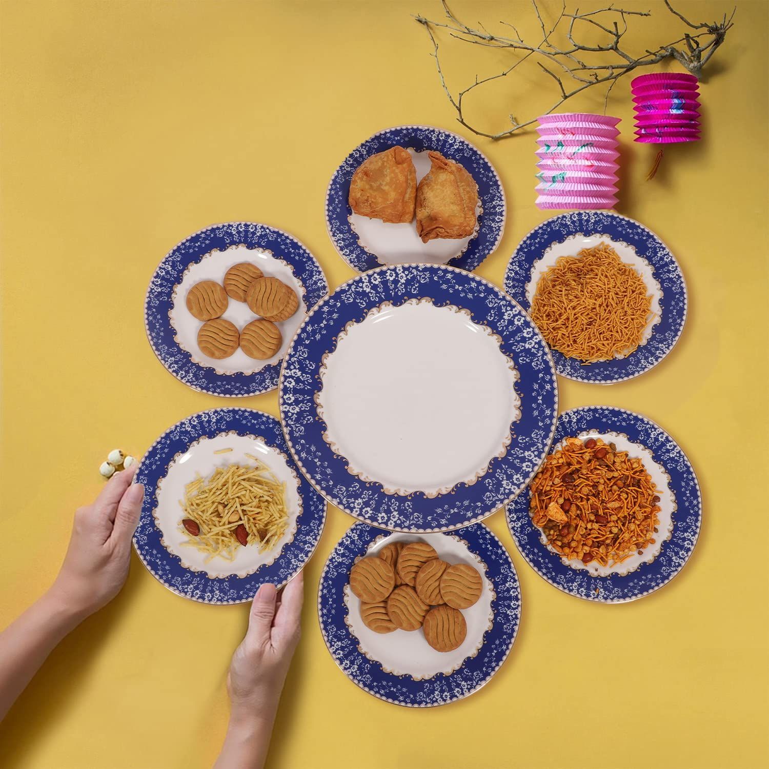 Hitkari Porcelain Christine Snacks Set 7Pc.|Set for 6 with 1 Serving Plate |Glaze Snacks Set |Serving Set |for House Party |Microweb Safe & Dishwasher Safe