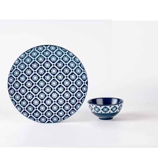 Hitkari Porcelain Cinnaflower Indigo Veg Bowl Set 6 Pc.& Plattere1 Pc.| Blue | Microweb Safe & Dishwasher Safe | Veg Bowl Set for 6 | Standard