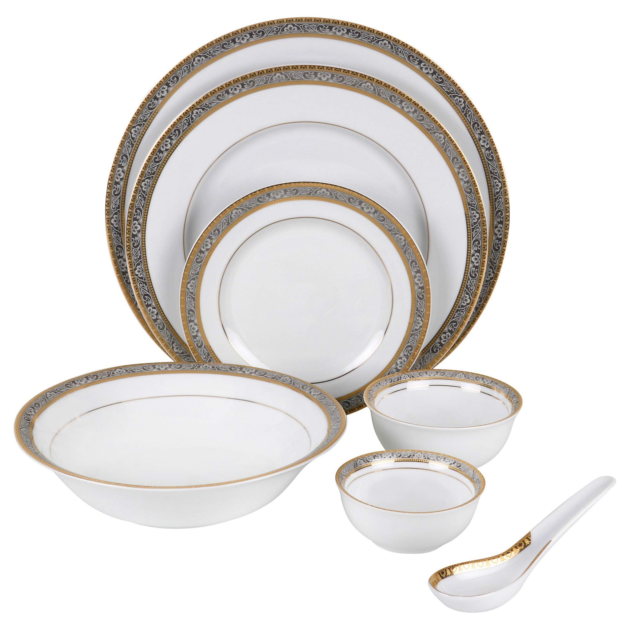 Hitkari Porcelain D253 Dinner Set 33 Pcs.|Dinner Set for 6|Material: Porcelain|Luxury Dinnerware with Pure Gold Lining |for Home & Kitchen|White, Large