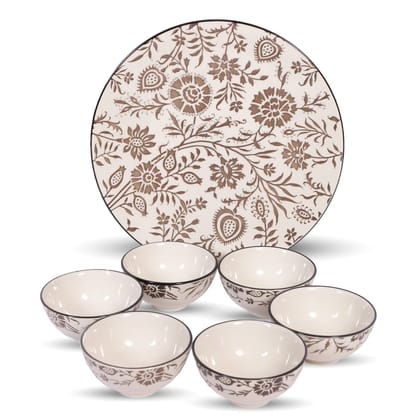 Hitkari Porcelain SULUR Grey 1 Platter with 6 Veg Bowl Set-7 Pcs |for Home & Kitchen |Material Porcelain |Snacks Set Platter with Veg Bowl Set|,Veg Bowl -180ml,Platter -12.20"(Grey)