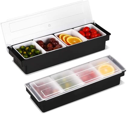 Montavo by FnS Ice Cooled Condiment Holder, 4 Compartments Garnish Station Serving Caddy with Lid, Chilled Condiment Serving Container for Home, Party or Restaurant (Plastic, Pack of 1)