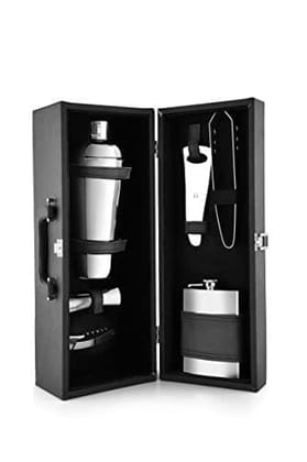 FnS Cheers Mini Bartender Cabinet 6 pcs Bar Set |1 Cocktail Shaker |1 Hip Flask|1 Waiter Knife |1 Dual Peg Jigger |1 Bottle Opener |1 Tong with Leatherette Cabinet Box