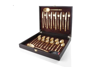 FNS Bianca 26 Pcs Gold Plated Premium Cutlery Set in Beautiful Gift Box Packaging (6 Dinner Spoon, 6 Dinner Fork, 6 Teaspoon, 6 Dinner Knives & 2 Serving Spoons)