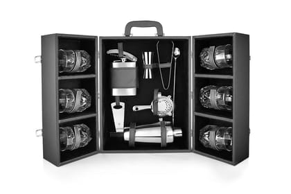 FNS Cheers Cabinet 14 pcs bar Set' 6 Whisky Glasses | 1 Cocktail Shaker| 1 Hip Flask | 1 Waiter Knife|1 Dual Peg Jigger|1 Cocktail Strainer |1 Cocktail Stirrer | 1 Bottle Opener |1 Tong