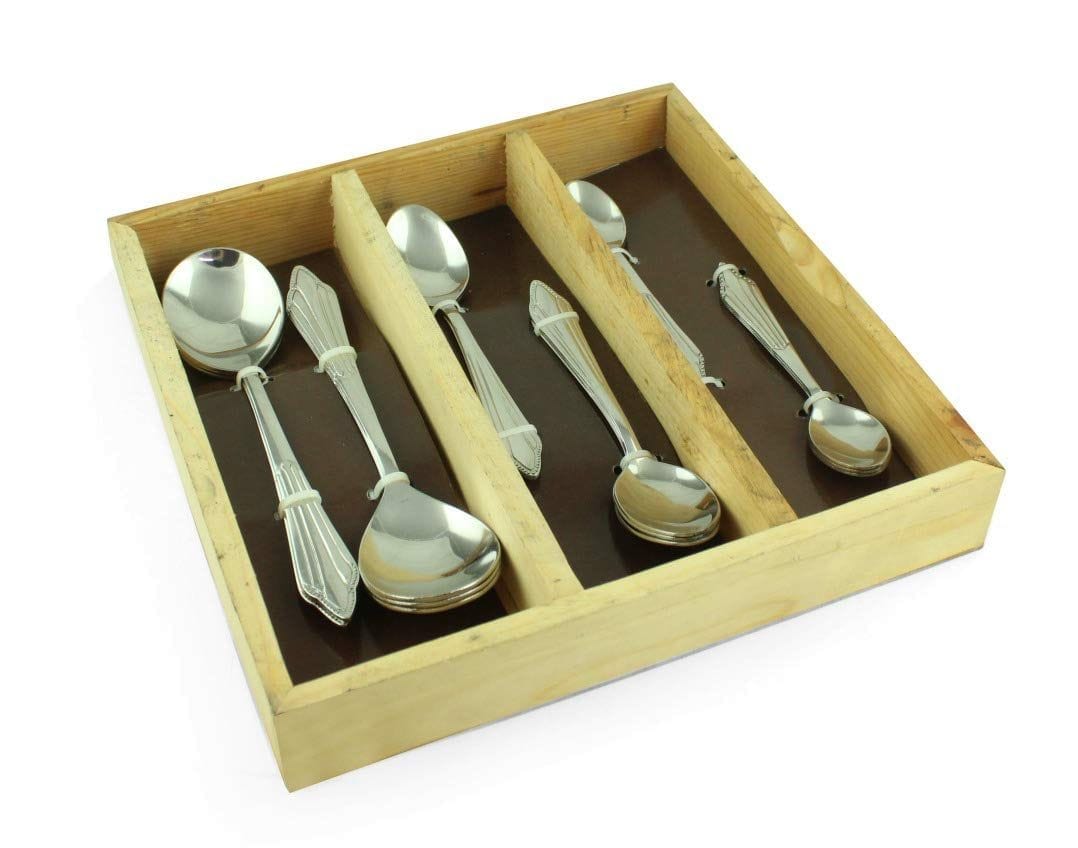 FnS International Pvt Ltd FnS Princess 18 Pc Hot Beverage Set with Wooden Try (6 Pc Soup Spoon, 6 Tea Spoon, 6 Spoon)