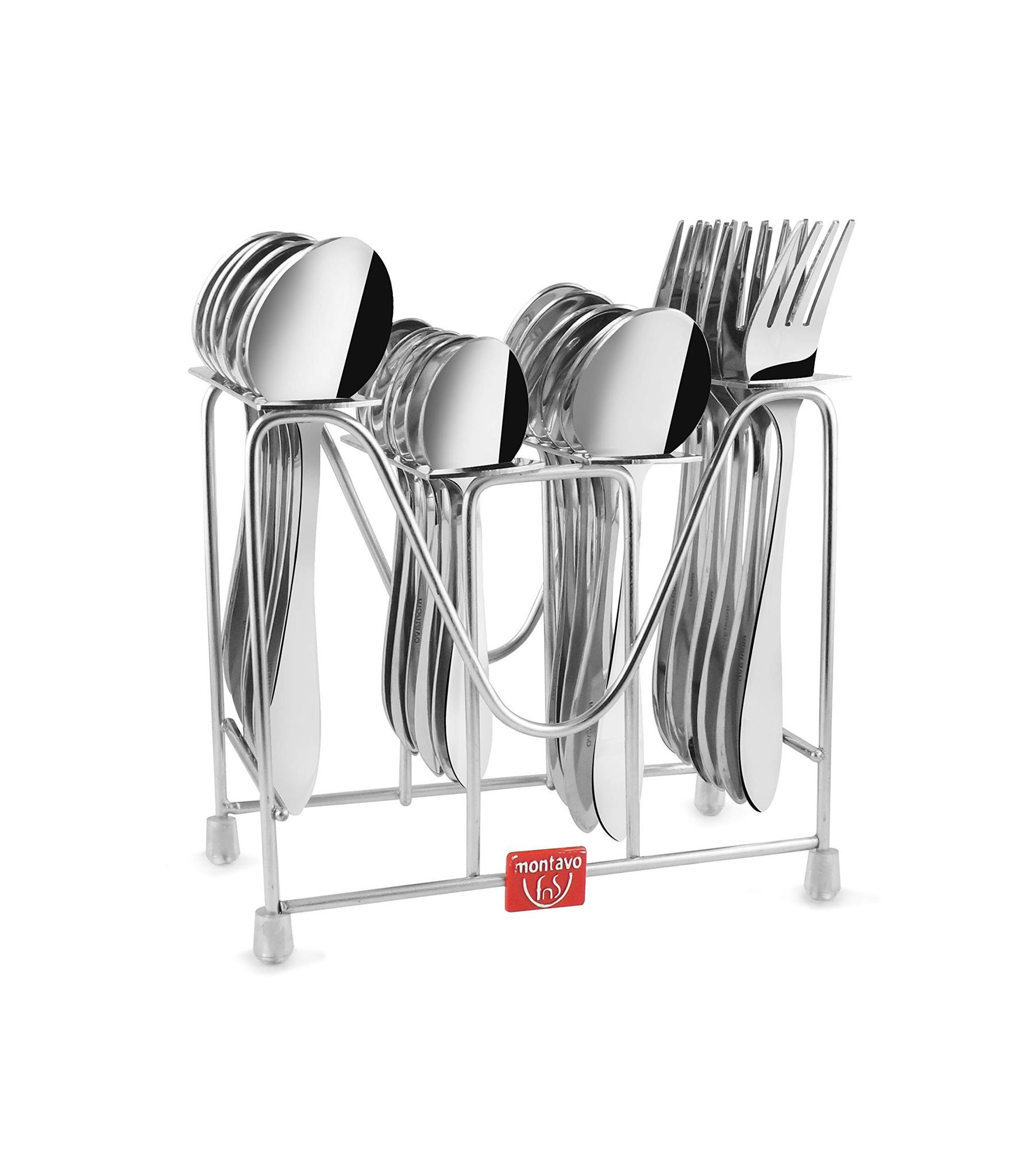 Montavo by FnS Orchid Stainless Steel Cutlery Set with Hanging Stand (6 Dinner Spoons, 6 Dinner Forks, 6 Teaspoons, 6 Baby Spoons and 1 Cutlery Stand)