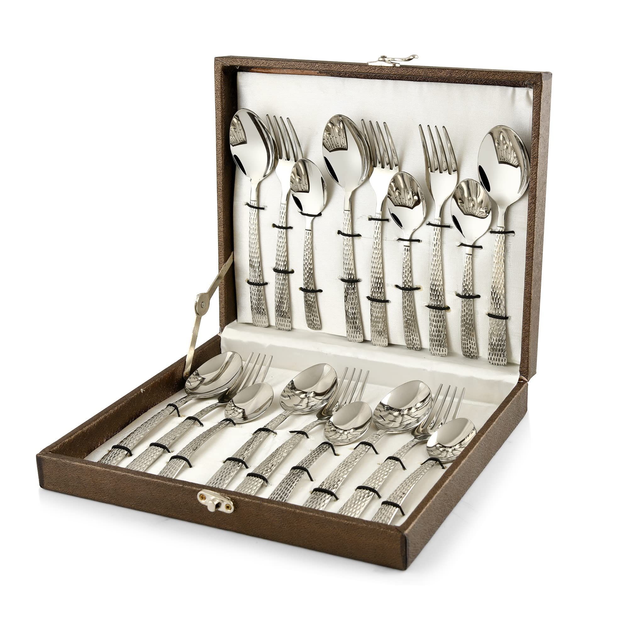 FNS International Pvt Ltd Madrid Hammer Finish 18 Pieces Cutlery Set with Leatherette Set