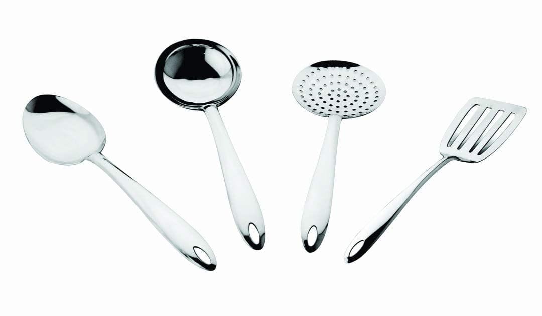 Montavo by FnS Premium Stainless Steel 4 Pcs Kitchen Utensil Tool Set Include Serving Spoon, Gravy Ladle, Skimmer, Slotted Turner (Medium Size)