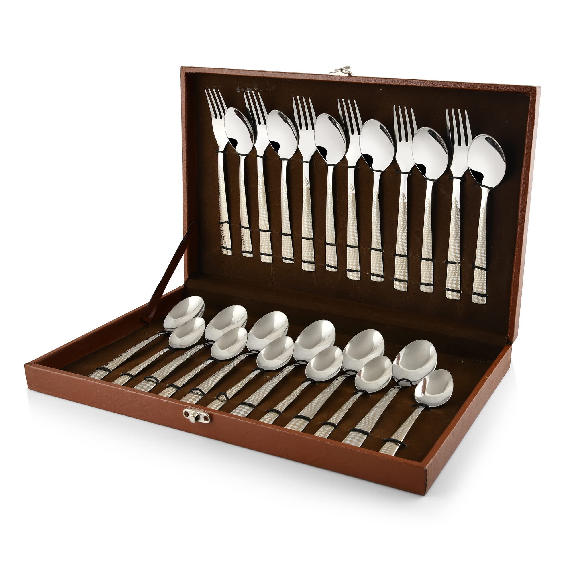 Montavo by FNS Lush 24 Pc Premium Unique Laser Engraving Cutlery Set with Gift Box Packaging (6 Dinner Spoons, 6 Dinner Forks, 6 Tea Spoons & 6 Baby Spoons)