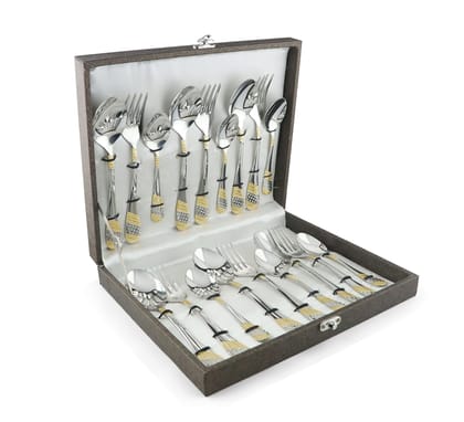 FnS Imperio 18 Pc Set Stainless Steel 24 Karat Gold Plated Cutlery Set with Box Packaging (6 Dinner Spoons, 6 Dinner Forks, 6 Teaspoon)