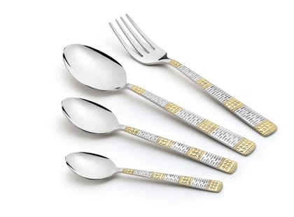 FNS International Pvt Ltd Dorian 18/10 Steel Cutlery Set with Stand in 24 Karat Gold Plated (69 Oz, Silver) -24 Pieces