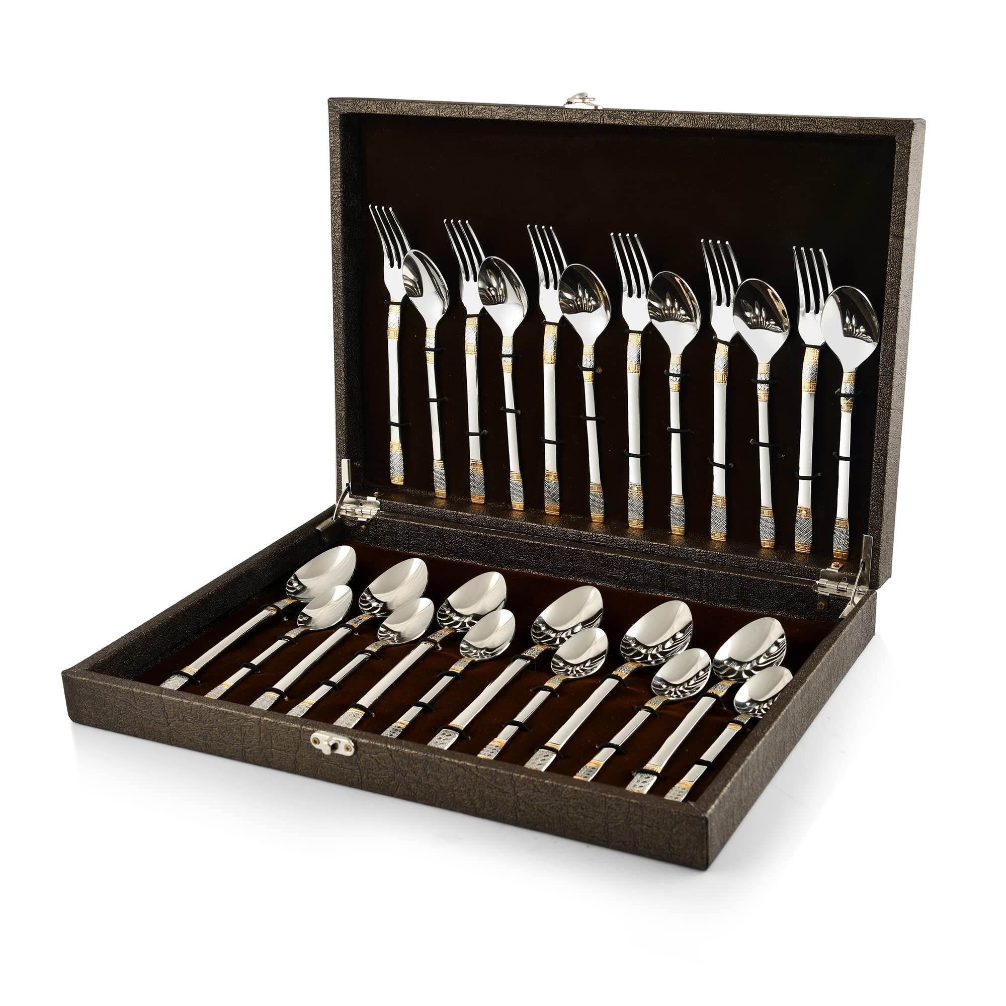 FnS Celebration 24 Karat Gold Plated 24 Pc Cutlery Set with Leatherite Box (6 Dinner Spoons, 6 Dinner Forks, 6 Baby Spoons, 6 Teaspoons)