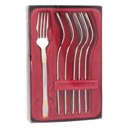 FnS Celebration Stainless Steel 24 Karat Gold Plated Stop Embossed Dinner Fork Set of 6 Box Packaging (Silver_Free Size)