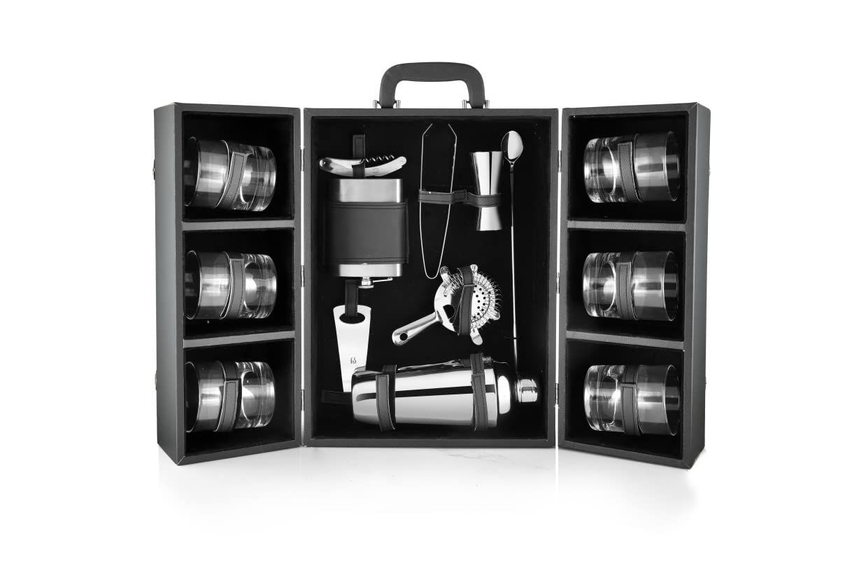 FnS Cheers Box 14 Pcs Bar Set - 6 Whisky Glasses | 1 Cocktail Shaker | 1 Hip Flask | 1 Waiter Knife | 1 Dual Peg Jigger | 1 Cocktail Strainer | 1 Cocktail Stirrer | 1 Bottle Opener | 1 Tong