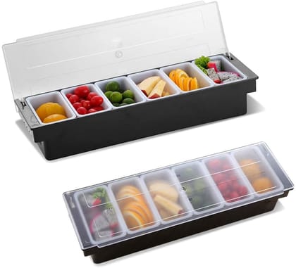 Montavo by FnS Condiment Tray with 6 Compartments with Lids for Bartending, Restaurant or Bar to Serve Taco Toppings, Ice Cream, Fruit