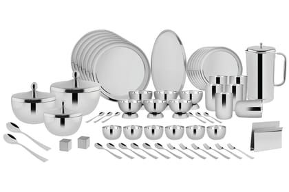 FnS Sovana 78pcs Stainless Steel Dinner Set (Quarter Plate, Full Plate, Glass, Serving Bowl, Desert Bowl, Glasses, Spoon, Rice Tray, Dinner Fork, Salt N Pepper)