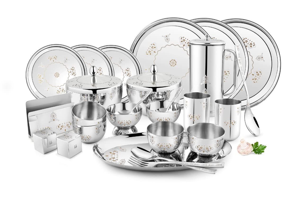 FnS Mandala 78pcs Stainless Steel Dinner Set (Quarter Plate, Full Plate, Glass, Serving Bowl, Desert Bowl, Glasses, Spoon, Rice Tray, Dinner Fork, Salt N Pepper)